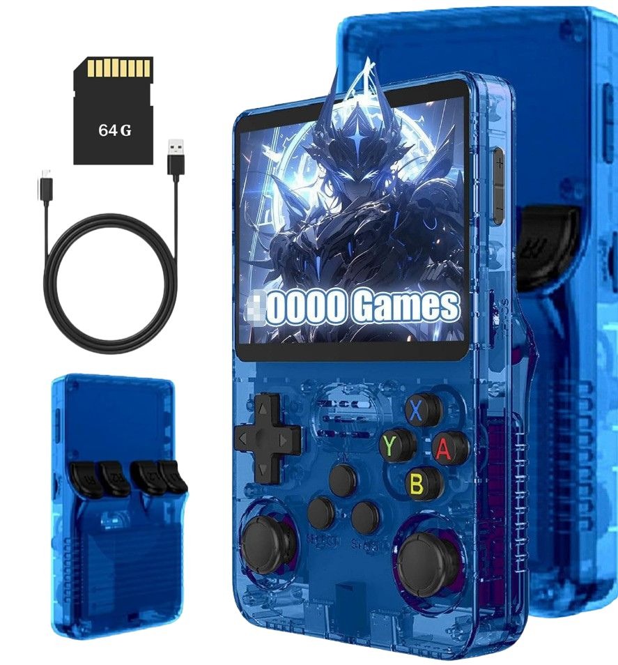 The PixelArcade Pro™ Retro Game Console features a blue transparent retro design, dual joysticks, and buttons. With 20,000 built-in games, it includes a 64GB memory card and USB charging cable. Front and back views show its pocket gaming style.
