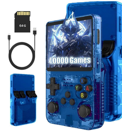 The PixelArcade Pro™ Retro Game Console features a blue transparent retro design, dual joysticks, and buttons. With 20,000 built-in games, it includes a 64GB memory card and USB charging cable. Front and back views show its pocket gaming style.