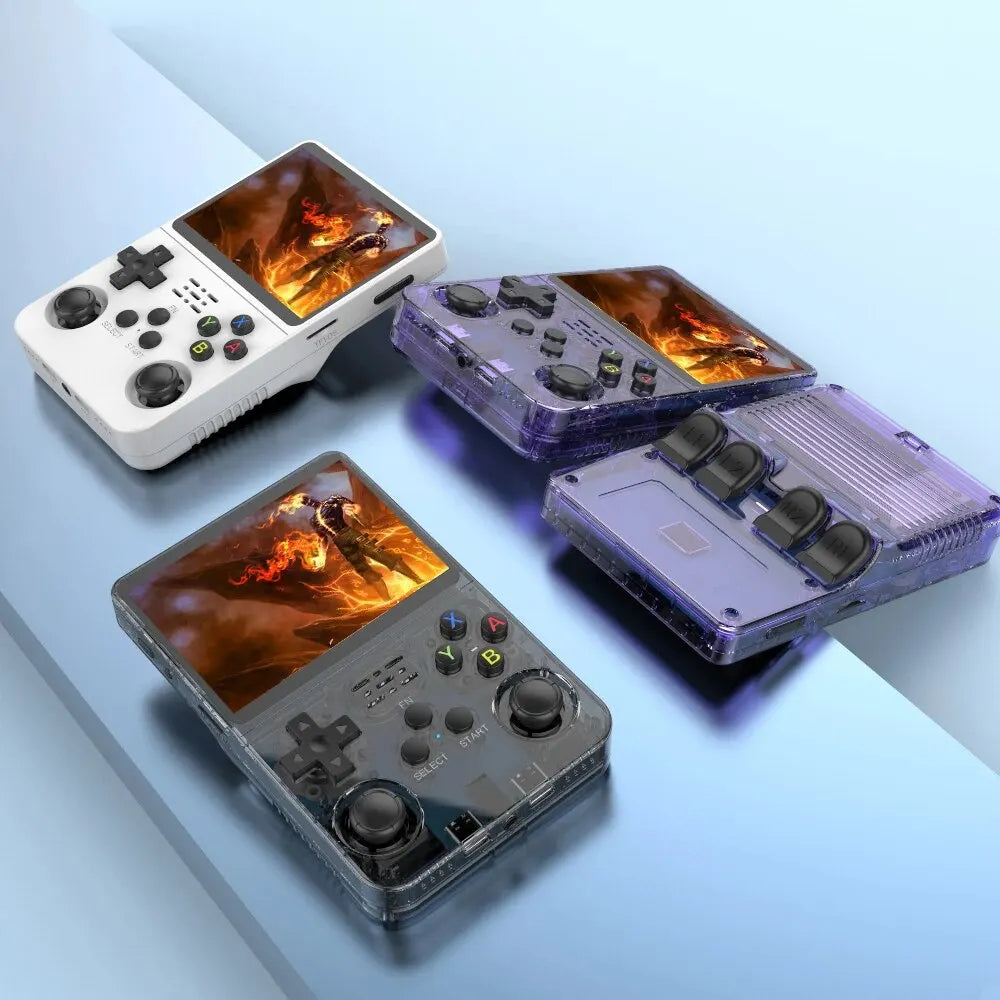 Four PixelArcade Pro™ Retro Game Consoles (20,000 Built-In Games), each with a screen showing a fiery dragon, are arranged on a light blue surface. These retro handhelds come in white, clear black, and clear purple.