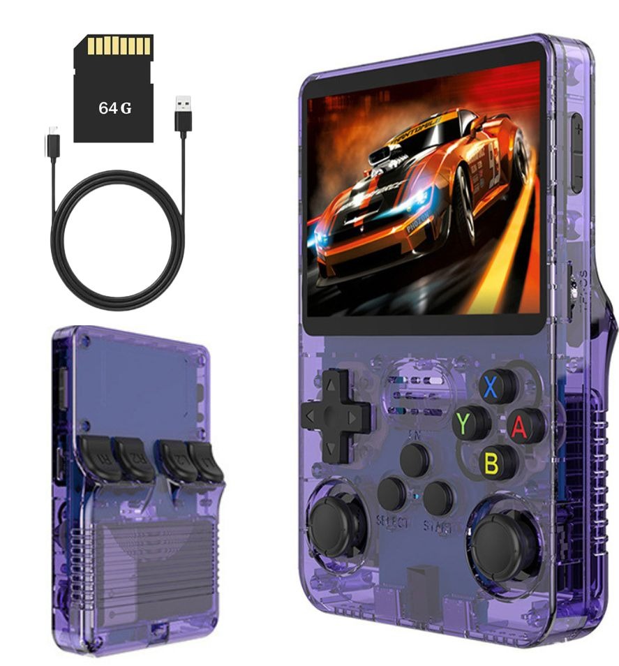 The PixelArcade Pro™ Retro Game Console (20,000 Built-In Games) in purple translucent, shown with a racing game onscreen, two black cartridges, 64GB microSD card, and USB charging cable for portable gaming.