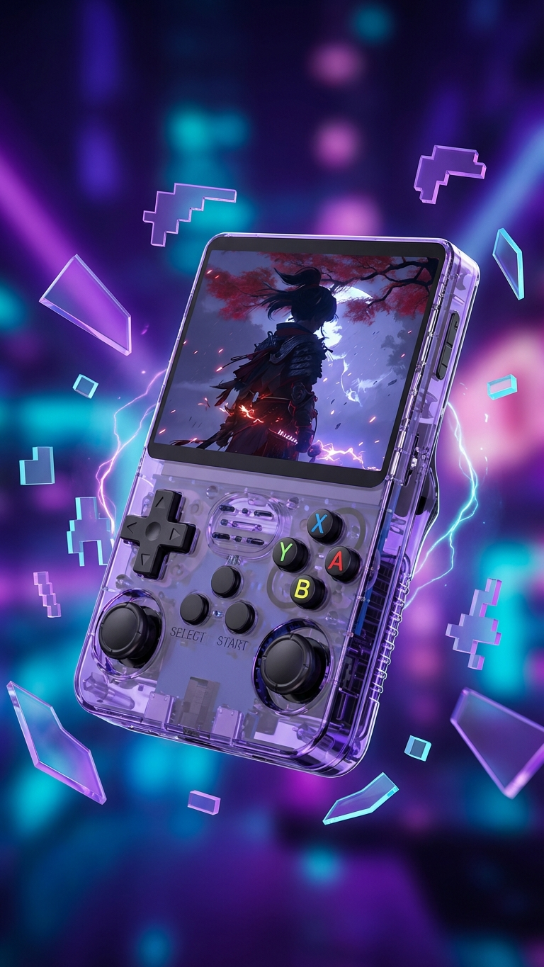 The PixelArcade Pro™ Retro Game Console (20,000 Built-In Games) shines in transparent purple, displaying an action game with a warrior under a red tree amid neon shapes and purple lightning on a glowing futuristic backdrop.