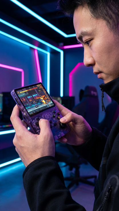 Someone enjoys a retro fighting game on the PixelArcade Pro™ Retro Game Console (20,000 Built-In Games), surrounded by neon lights and gaming chairs—capturing classic gaming nostalgia in a sleek, portable device.
