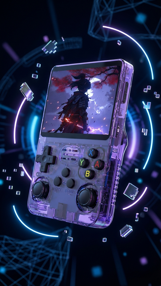 The PixelArcade Pro™ Retro Game Console (20,000 Built-In Games) features a sleek purple transparent design, floating among neon lights and circuits, displaying a fantasy game—a cutting-edge retro handheld for ultimate pocket gaming.