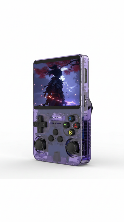 The PixelArcade Pro™ Retro Game Console features a purple transparent design, large screen, colorful buttons, and dual joysticks for gaming on the go. Enjoy 20,000 built-in classic games with vibrant visuals and anime-style action anywhere.