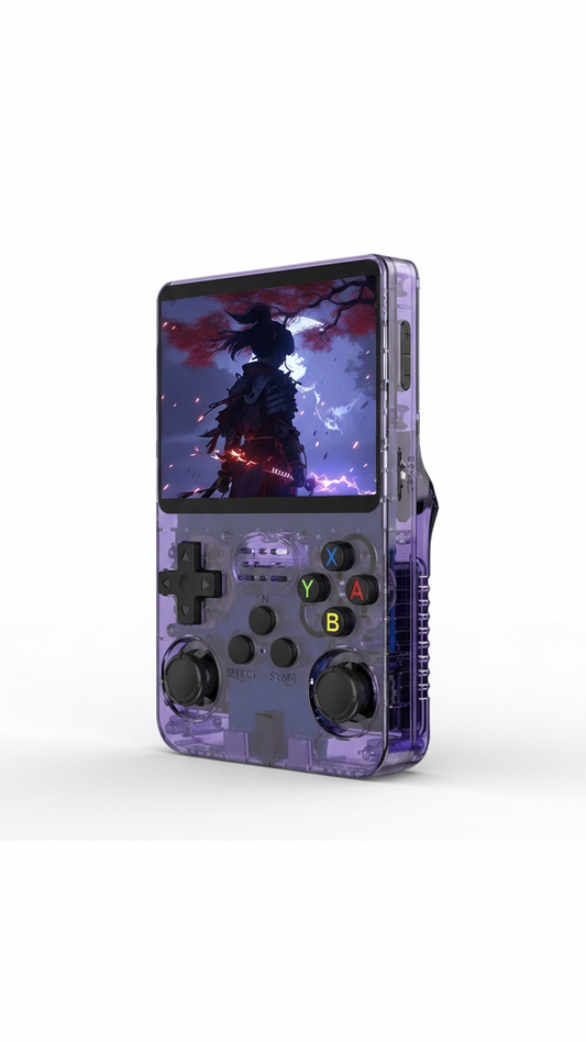The PixelArcade Pro™ Retro Game Console features a purple transparent design, large screen, colorful buttons, and dual joysticks for gaming on the go. Enjoy 20,000 built-in classic games with vibrant visuals and anime-style action anywhere.