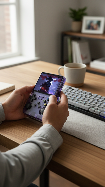 Someone holds the PixelArcade Pro™ Retro Game Console (20,000 Built-In Games) at a desk with a keyboard, coffee cup, books, and a framed photo nearby. Natural light streams in from a window in the background.