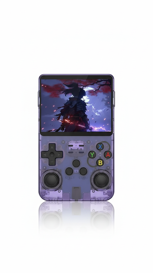 The PixelArcade Pro™ Retro Game Console (20,000 Built-In Games) features a translucent purple case, shown running a game with a shadowy samurai under red-leafed trees and a moonlit sky—ideal for classic gaming fans on the go.