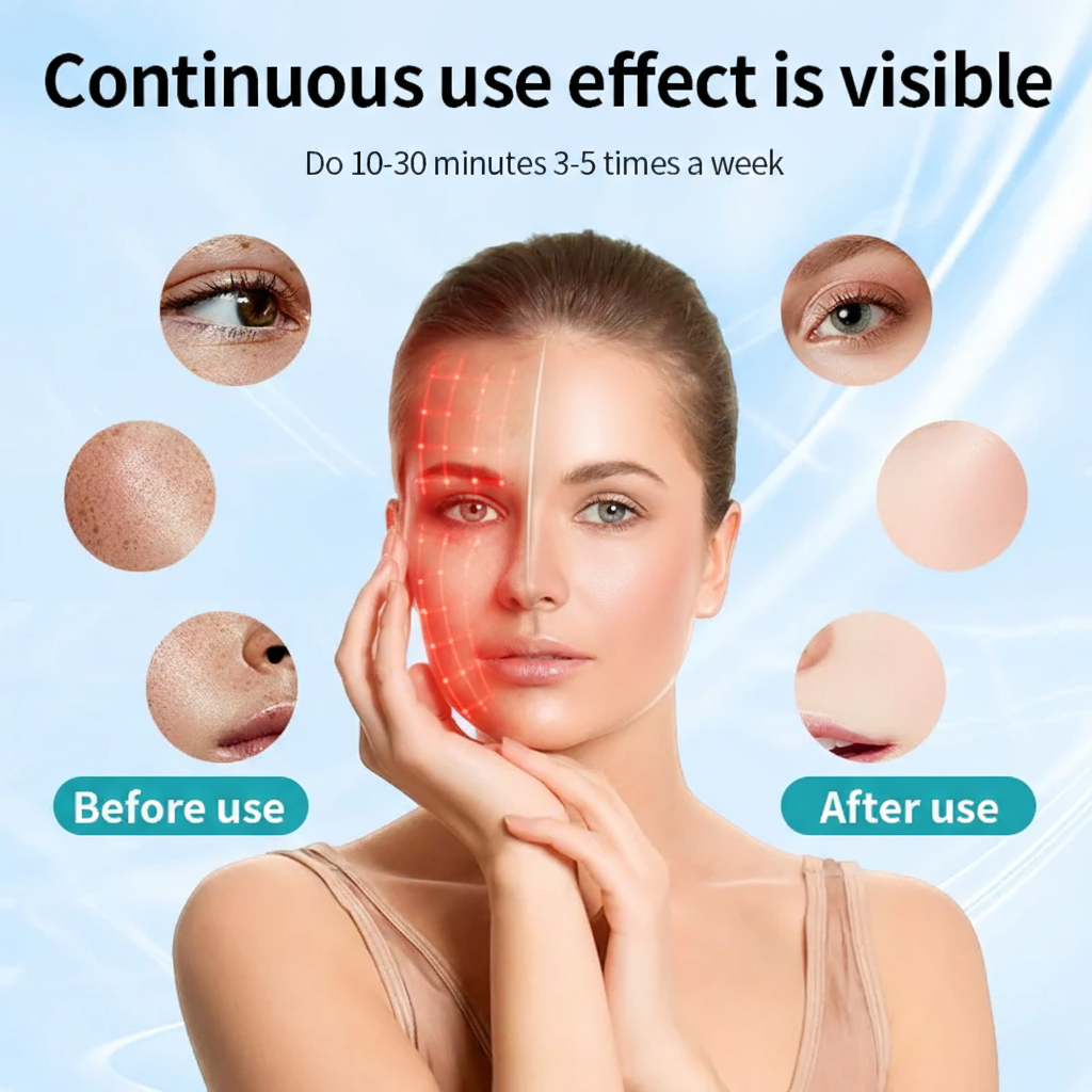 A woman touches her face, one half overlaid by a red light grid. Before and after images show visible skin improvement using the LumiLift™ Smart LED Red Light Therapy Mask after 3–5 weekly sessions.