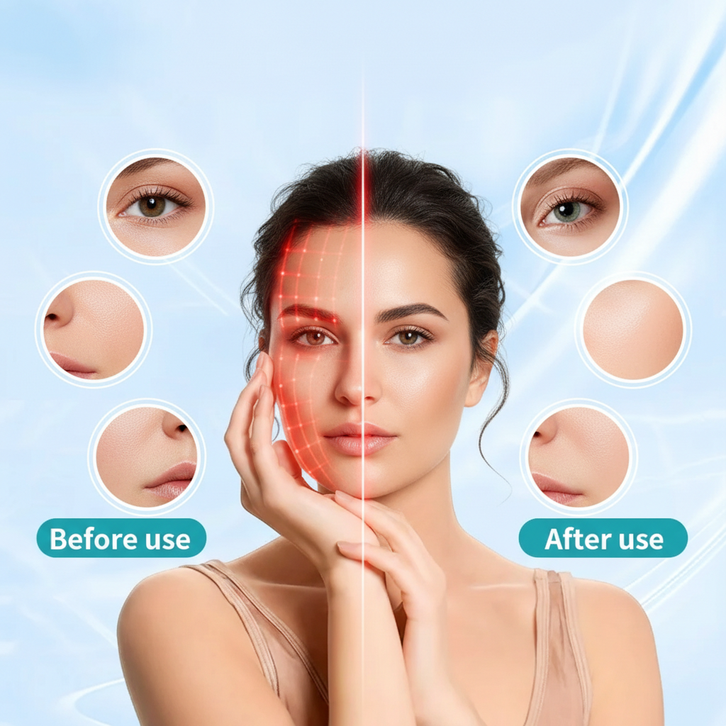 A woman’s face is split in half—Before on the left, After on the right—showing smoother skin and clearer eyes after using the LumiLift™ Smart LED Red Light Therapy Mask, with a red grid overlay visible on the left side.