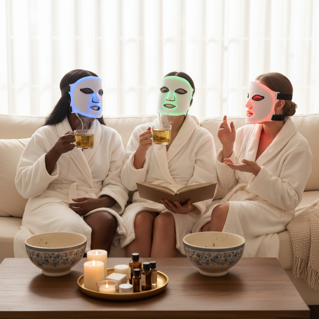 Three women in white robes relax on a sofa, sipping tea and wearing LumiLift™ Smart LED Red Light Therapy Masks. One holds a book; candles, oils, and foot bowls on the table create a calming spa ambiance.