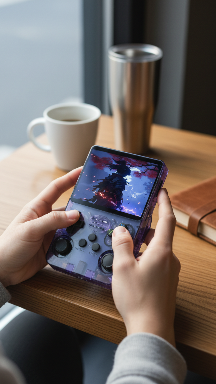 A person holds a PixelArcade Pro™ Retro Game Console (20,000 Built-In Games) showing a fantasy game character. Nearby on the wooden table are a coffee cup, metal tumbler, and notebook beside a bright window, highlighting pocket gaming charm.