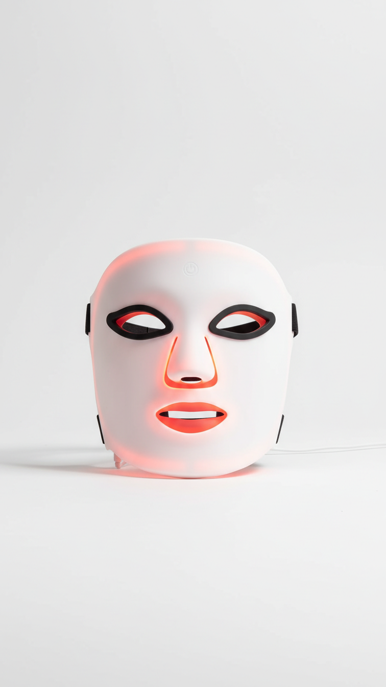 The LumiLift™ Smart LED Red Light Therapy Mask, featuring eye, nose, and mouth cutouts, glows brightly while standing upright against a plain white background.