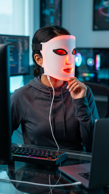 A person wearing the LumiLift™ Smart LED Red Light Therapy Mask and a hoodie sits at a desk with computers and a keyboard, appearing to work in a modern, tech-focused environment.