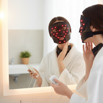 Wearing a LumiLift™ Red Light Therapy Silicone Face Mask, a person in a white robe stands before a bathroom mirror, gently touching their neck and holding the control device. A small plant is visible on the counter behind them.